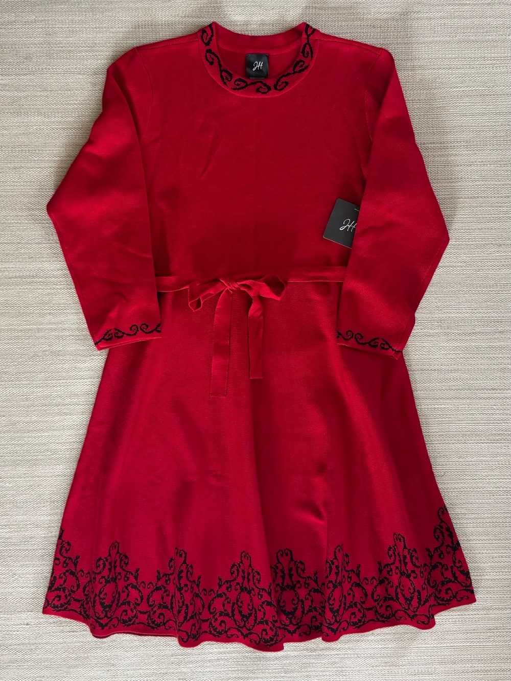 Jessica Howard red bordered 3/4 sleeve tie belt knit sweater dress women XL NWT